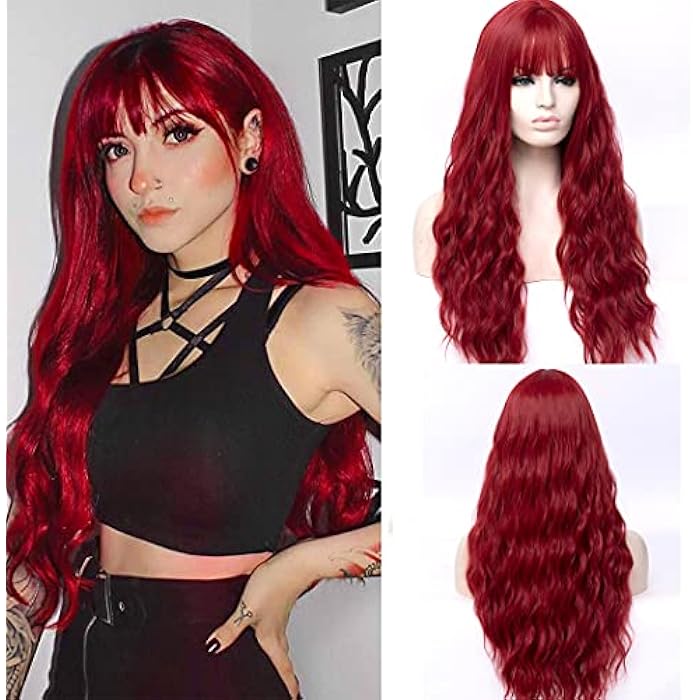 DILLARDS Tantakolong Curly Red Wig With Bangs For Women Wavy Rose Net Synthetic Fiber Girl's Halloween Cosplay Party Costume Wig (Red#0311) - Image 3